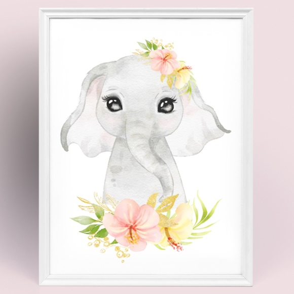 Other - Cute Watercolor Floral Elephant Wall Art Print Poster Unframed